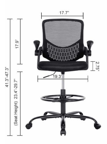 Photo 1 of Tall Office Chair, Drafting Chair, Standing Desk Chair, High Adjustable Office Mesh Chair, Ergonomic Counter Height Computer Rolling Chair with Flip-up Armrests and Foot-Ring for Bar Height Desk Black