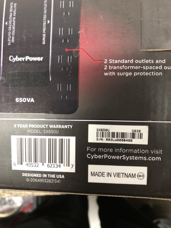 Photo 3 of CyberPower 650VA 8-Outlet UPS Battery Backup with USB, Black