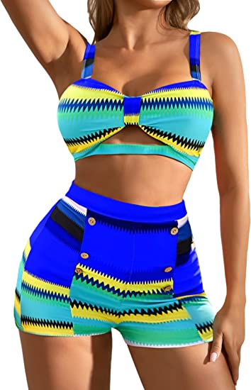 Photo 1 of B2prity High Waisted Swimsuit for Women Cute Two Piece Bathing Suit Cut Out Bikini Set Tummy Control Swimwear with Boyshorts Blue SIZE MEDIUM