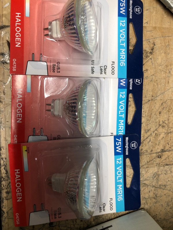 Photo 2 of 3 pack
75-watt Halogen MR16 Clear Lens Low Voltage GU5.3 Base Flood Light Bulb
