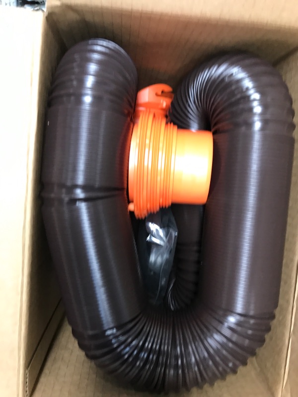 Photo 2 of Camco RhinoFLEX RV Sewer Hose Kit with Swivel Transparent Elbow and 4-in-1 Dump Station Fitting, Brown, 15 Feet (39770) 15ft Sewer Hose Kit Frustration-Free Packaging