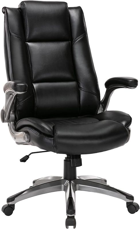 Photo 1 of COLAMY Office Chair High Back Leather Desk Chair, Flip-up Arms Adjustable Swivel Executive Chair Thick Padding for Comfort and Ergonomic Design for Home Office, Black
