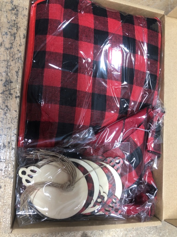 Photo 2 of 14 Pcs Christmas Decorations Buffalo Plaid Christmas Tree Topper Bow Christmas Tree Skirt and 12 Pcs Christmas Wooden Hanging Ornaments Red Truck Xmas Decor (Red and White)