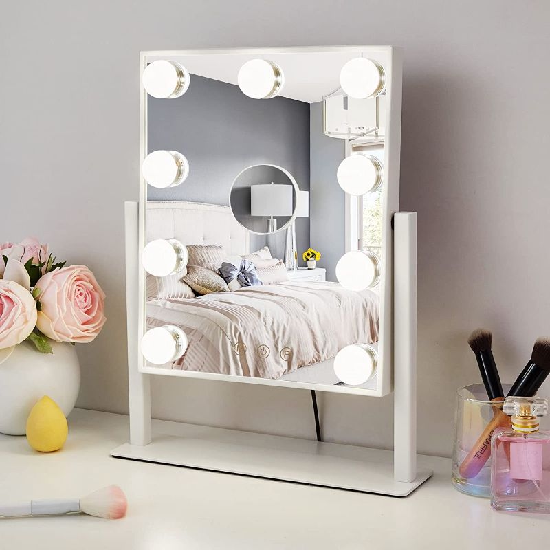 Photo 1 of Hompoem Vanity Mirror with Lights,9 Led Bulbs Hollywood Vanity Mirror with Lights,Touch Control Design 3 Colors Dimable,Detachable 10x Magnification Mirror Lighted Vanity Mirror(White)
