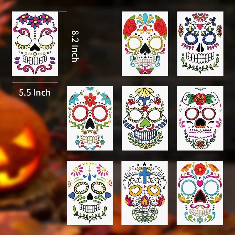 Photo 3 of 2-Pack Day of the Dead Face Tattoos, 9 Pack Día de Los Muertos, Halloween flower festival sugar skull black skull, Temporary Face Decorations, Full Face Mask Makeup Tattoos, Suitable for women/men/adults?Party Costume Matching