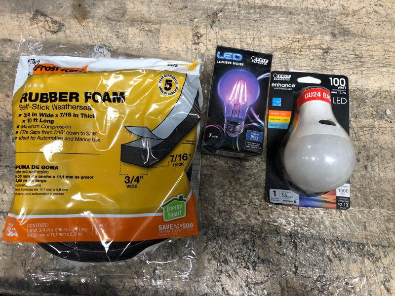 Photo 1 of (BUNDLE OF 3 ITEMS) Feit Electric A19/BLB/LED 7 Watt Non-Dimmable Filament Glass A19 LED Light Bulb, 3/4 in. x 7/16 in. x 10 ft. Black High-Density Rubber Foam Weatherstrip Tape, 100-Watt Equivalent A21 Dimmable GU24 Base CEC Color Changing