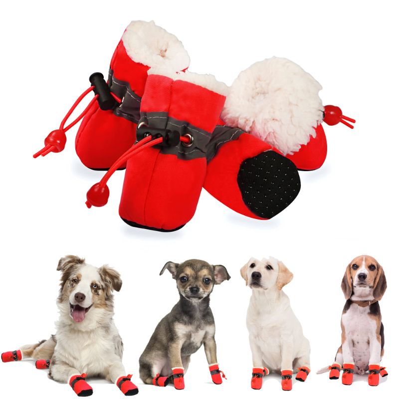 Photo 1 of  Dog Shoes for Winter, Dog Boots & Paw Protectors, Fleece Warm Snow Booties for Puppy with Reflective Strip Anti-Slip Rubber Sole for Small Medium Size Dogs,Size 3: 1.5"x1.3" (L*W),Red Size 3: 1.5"x1.3" (L*W) Red
