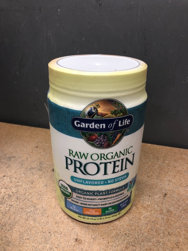 Photo 2 of BB:12/13/2023** Organic Vegan Unflavored Protein Powder - Garden of Life – 22g Complete Plant Based Raw Protein & BCAAs Plus Probiotics & Digestive Enzymes for Easy Digestion, Non-GMO Gluten-Free Lactose Free 1.2 LB Unflavored 20 Servings (Pack of 1)