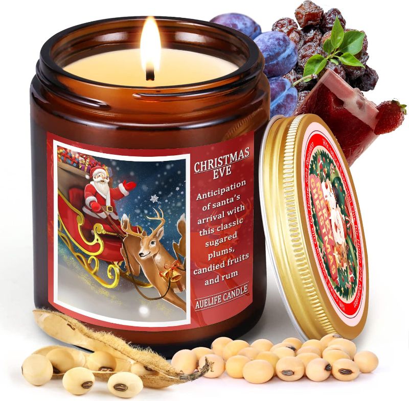 Photo 1 of  Candles Christmas EVE Soy Candle Gifts for Women Men Sugared Plums Candied Fruits and Rum Holiday Scented Candles for Home 50 Hour Burn Time 7oz Clear Jar Candle