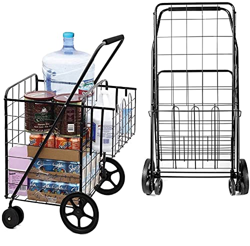 Photo 1 of **Minor Damage** Jumbo Deluxe Folding Shopping Cart with Dual Swivel Wheels and Double Basket- 200 Lb Capacity
