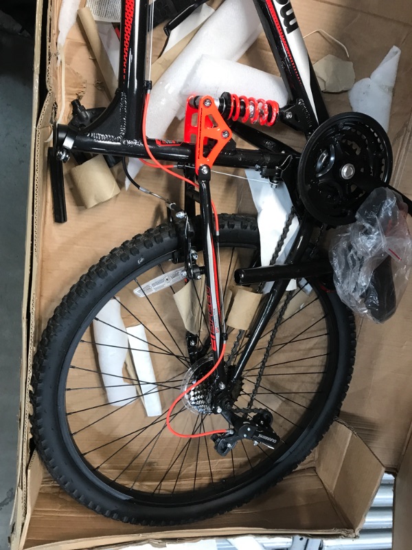 Photo 4 of **MINOR DAMAGE** Mongoose Status Mountain Bike, Mens and Womens, Aluminum Frame, Multiple Colors Black/Red 26-Inch Wheels Status 2.2