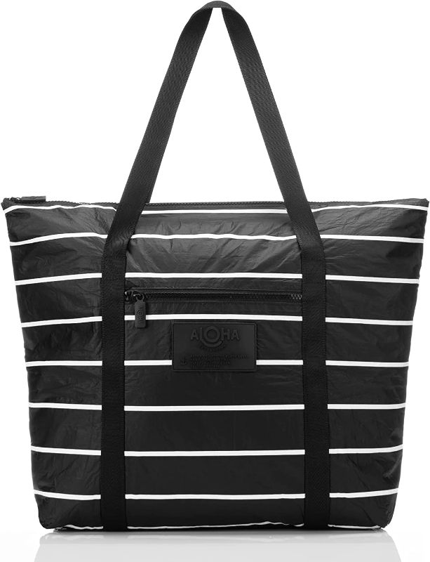 Photo 1 of ALOHA Collection Pinstripe Zipper Tote in White on Black 