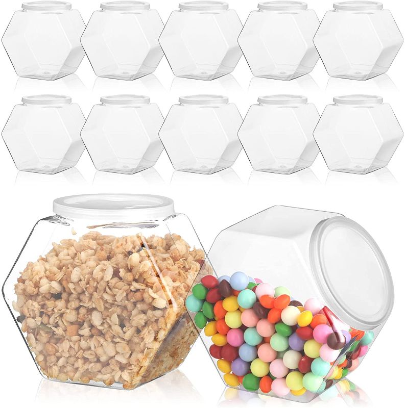 Photo 1 of 12 Pieces Hexagon Shaped Plastic Cookie Jars with Airtight Lids Wide Mouth Clear Plastic Candy Jars Reusable Candy Containers for Home Snack Candy Buffet Storage