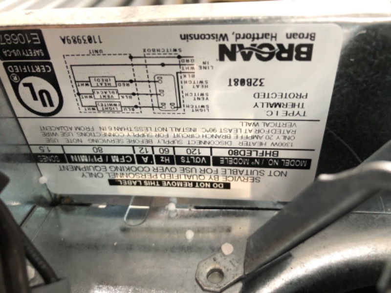 Photo 4 of **PARTS ONLY**
Broan-NuTone BHFLED80 PowerHeat Bathroom Exhaust Fan, Heater, and LED Light Combination, 80 CFM LED 80 CFM Fan and Heater