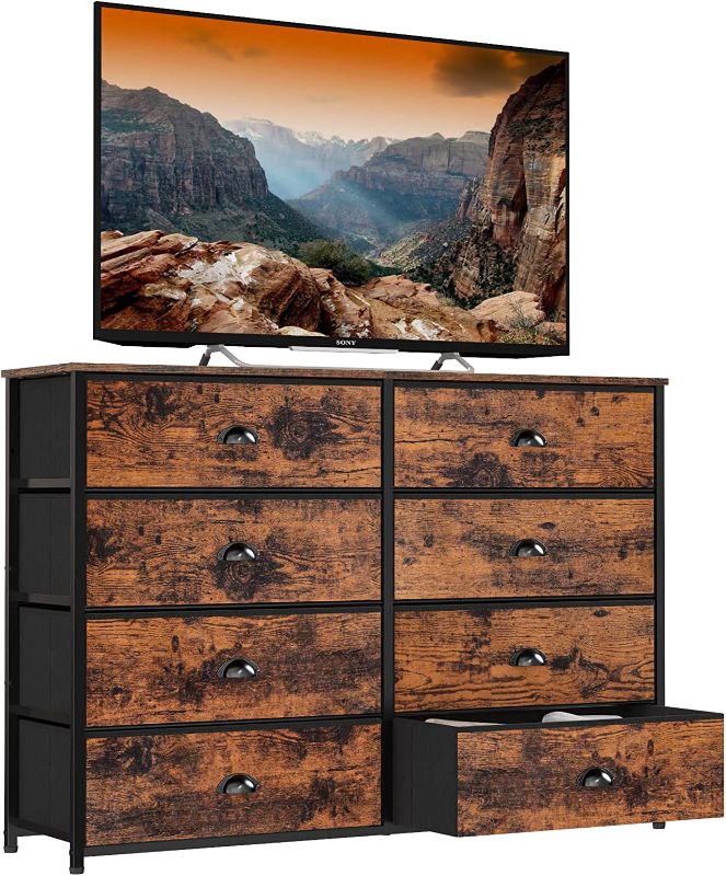 Photo 1 of Furnulem 8 Drawer Dresser Wide 40'' Long, Storage Chest of Drawer for 50'' TV Stand, Closet, Bedroom, Nursery, Fabric Bins, Wooden Top Living Room Rustic Furniture (Rustic Brown)
