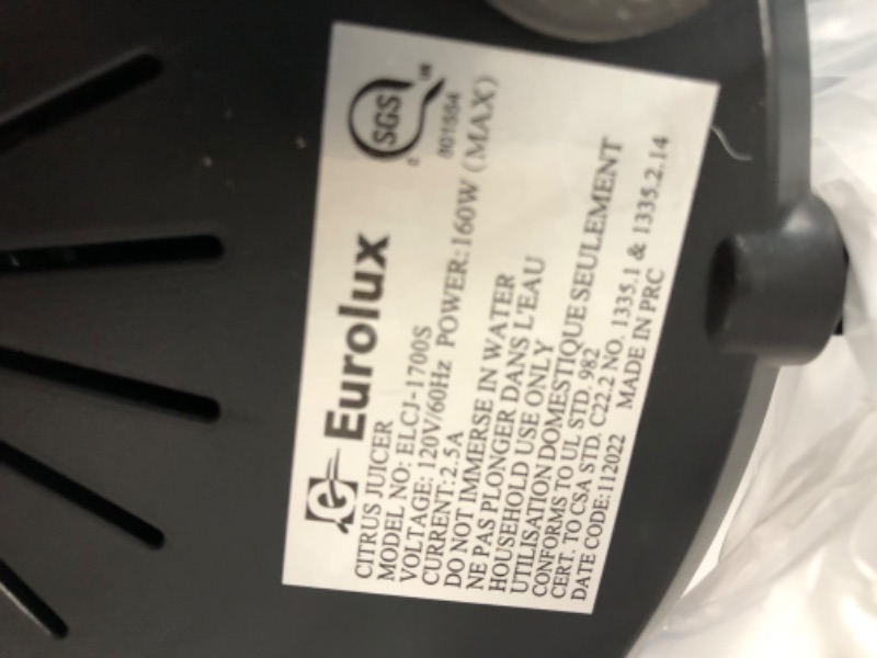 Photo 1 of Eurolux Electric Citrus Juicer Squeezer, for Orange, Lemon, Grapefruit, Stainless Steel 160 Watts of Power Soft Grip Handle and Cone Lid for Easy Use (ELCJ-1700S)