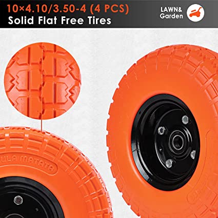 Photo 1 of 10" Solid Flat Free Tires and Wheels 4 Pacs, 4.10/3.50-4 Rubber Tire Replacement with 5/8” Axle Bore Hole, Air less Wheel for Hand Truck/Trolley/Garden Cart/Lawn Mower/Wheelbarrow, 4Packs, Orange
**MISSING HARDWARE**