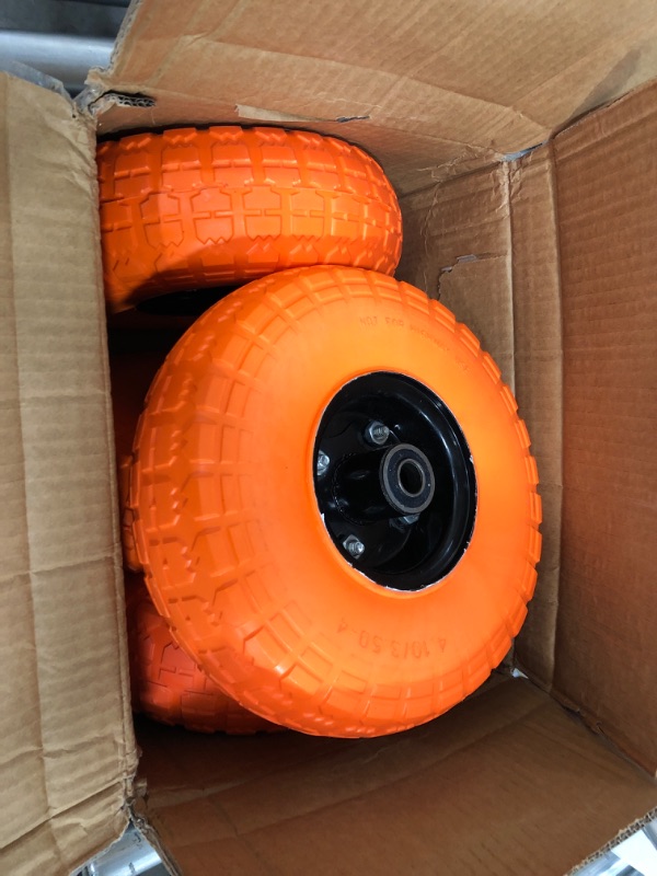 Photo 2 of 10" Solid Flat Free Tires and Wheels 4 Pacs, 4.10/3.50-4 Rubber Tire Replacement with 5/8” Axle Bore Hole, Air less Wheel for Hand Truck/Trolley/Garden Cart/Lawn Mower/Wheelbarrow, 4Packs, Orange
**MISSING HARDWARE**