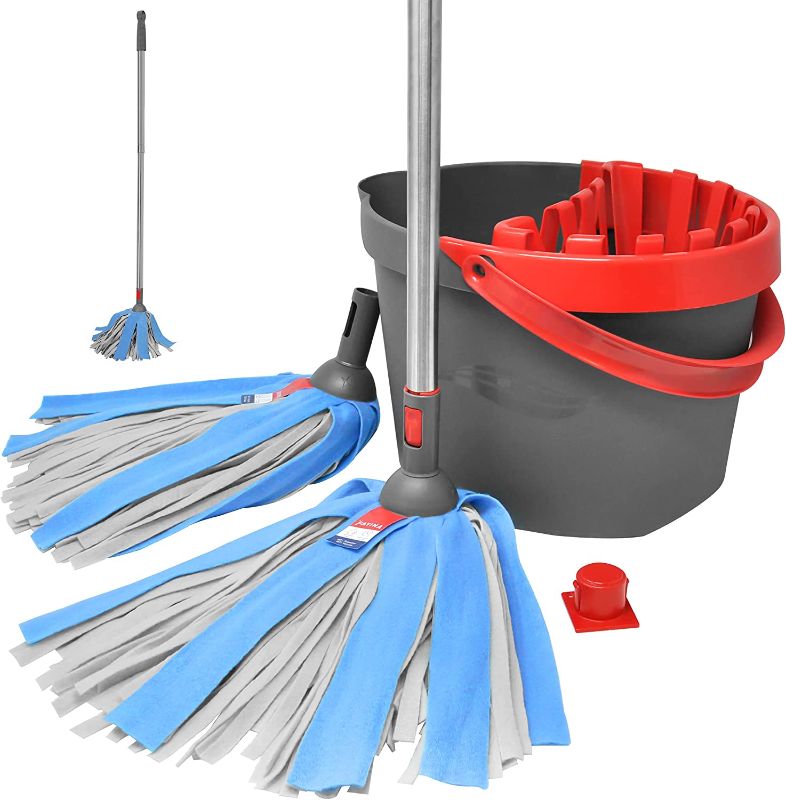 Photo 1 of Fayina Bucket & Wringer Viscose Cleaning System - Stainless Steel Handle Extendable up to 56 Inches, Washable & Reusable Viscose Mop Head (2 Count) and Storage Organizer Peg (1 Count)
