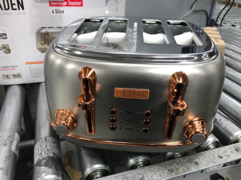 Photo 2 of ***POWERS ON***Heritage 1500-Watt 4-Slice Steel and Copper Wide Slot Retro Toaster with Removable Crumb Tray and Browning Control