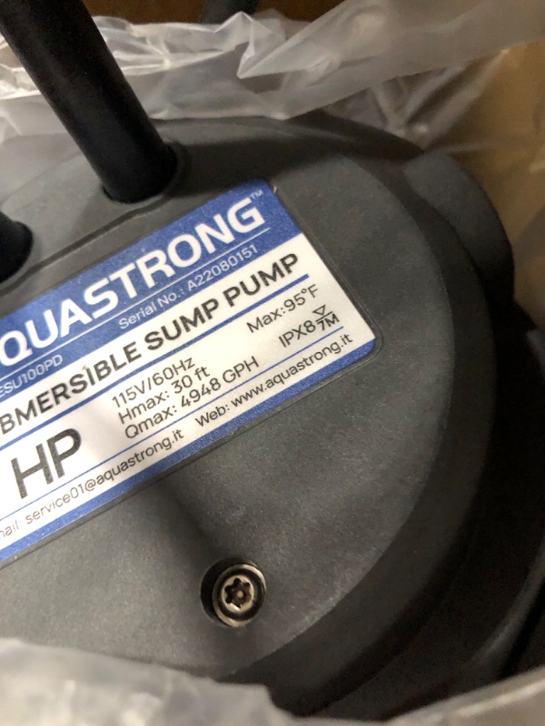 Photo 2 of *nonfunctional*- Aquastrong 1HP Sump Pump 4948GPH Submersible Clean/Dirty Water Pump with Float Switch, Draining Flooded Basement, Pool, Hot Tub, Pond, Garden Irrigation, 19ft Cord 1 HP