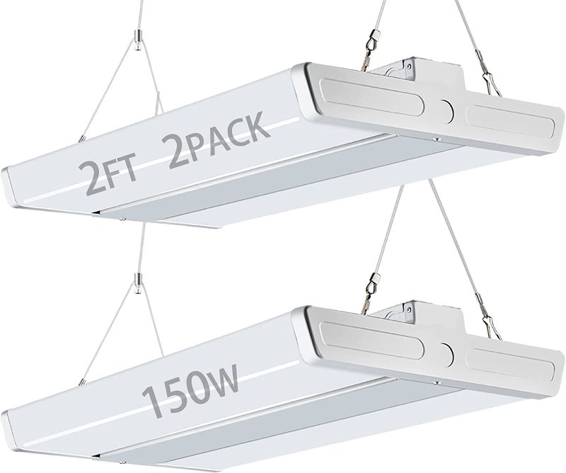 Photo 1 of 2 Pack LED High Bay Shop Light, 2FT 150W 21500LM 140LM/W [600W HPS Eqv.] 5000K Daylight Linear Hanging Light for Workshop Warehouse Garage