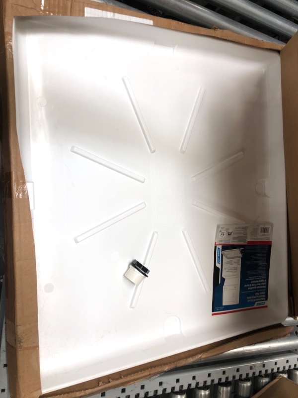 Photo 2 of Camco Washing Machine Drain Pan for Stackable Units with PVC Fitting - Collects Water Leakage and Prevents Floor Damage - White (21006) Ships in Own Container