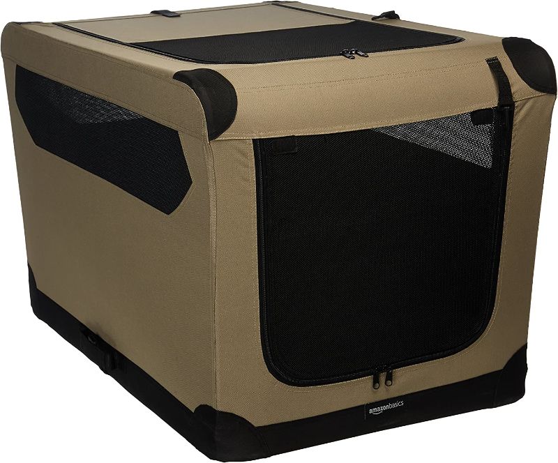 Photo 1 of  USED... Amazon Basics 2-Door Collapsible Soft-Sided Folding Travel Crate Dog Kennel, Large, 24 x 24 x 36 Inches, Tan
