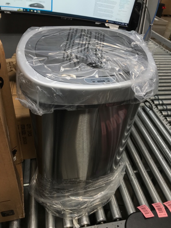 Photo 1 of NINESTARS DZT-50-9 Automatic Touchless Infrared Motion Sensor Trash Can, 13 Gal 50L, Stainless Steel Base (Oval, Silver/Black Lid)
