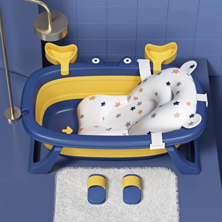 Photo 1 of Baby Bathtub, Toddler Bathtub Folding Portable Baby Bathtub with Soft Bath Mat for Infants and Toddlers, Collapsible Baby Bathtub for Newborns Baby and Toddlers (Blue+Floating Baby Bath Cushion)
