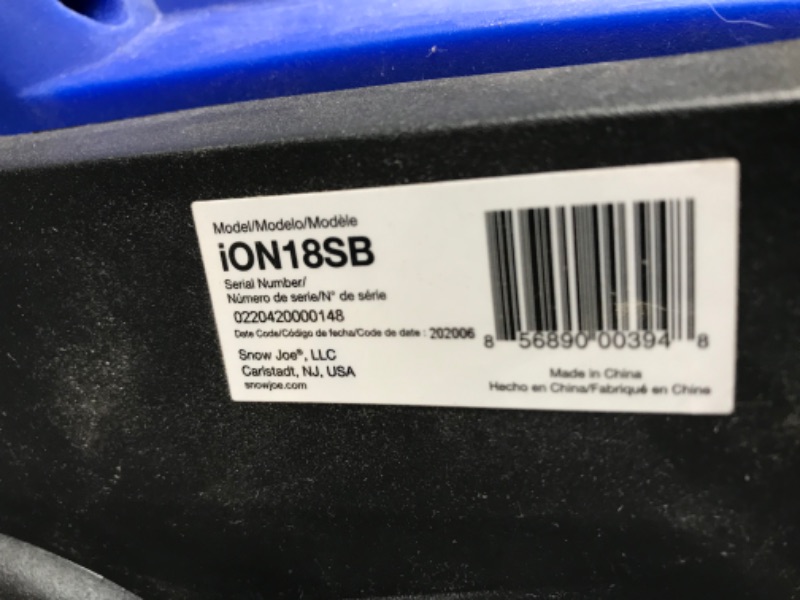 Photo 9 of **MINOR DAMAGE SEE NOTES, UNABLE TO TEST**Snow Joe iON18SB 40-Volt iONMAX Cordless Brushless Single Stage Snowblower Kit, 18-Inch, With 4.0-Ah Battery and Charger
