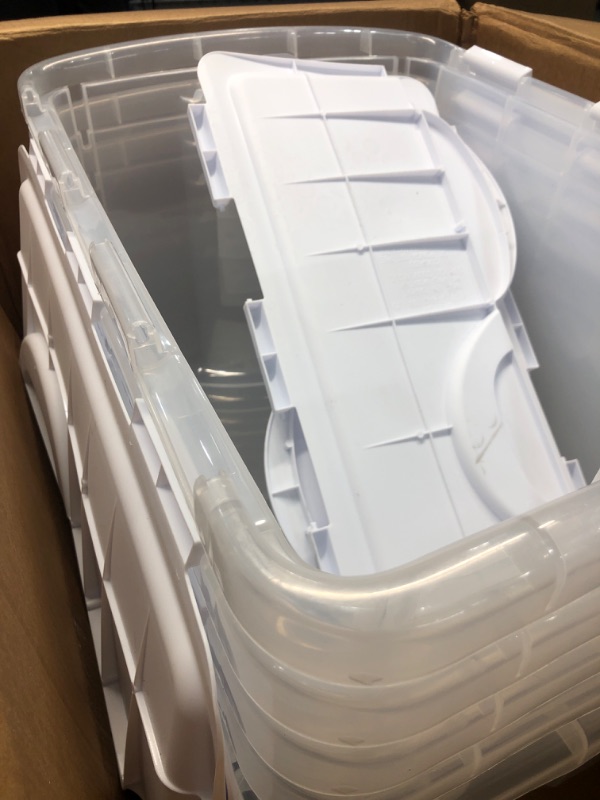 Photo 2 of ***One Broken***Sterilite 19148006 48 Quart/45 Liter Hinged Lid Storage Box, Clear with White Lid, 6-Pack