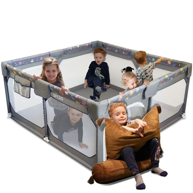 Photo 1 of 59" ×59"Playard with Gates,Indoor Baby playpen,Detachable and Assembled Children Fence, Babies Enclosure with Cute Pattern,Small Playground for Kids, Infant Care Playpin|Light Grey
