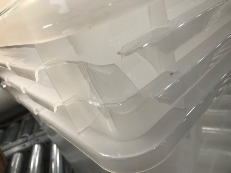 Photo 1 of Cracked Container Corners**IRIS USA 91 Quart Large Storage Bin Utility Tote Organizing Container Box with Buckle Down Lid for Clothes Storage, 4 Pack, Clear, Clear/Black (500184) h) 91 Qt. - 4 Pack