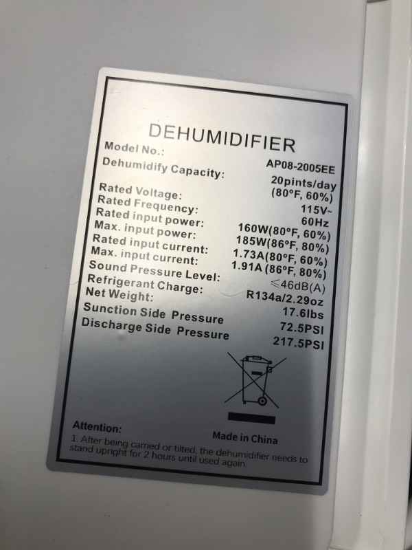 Photo 4 of **TESTED/ TURNS ON** 20 Pint Small Compressor Dehumidifiers for Home with Humidity Control, Auto Shut Off and Quiet for Bedroom, Bathroom, RV 1074 sq. Ft White