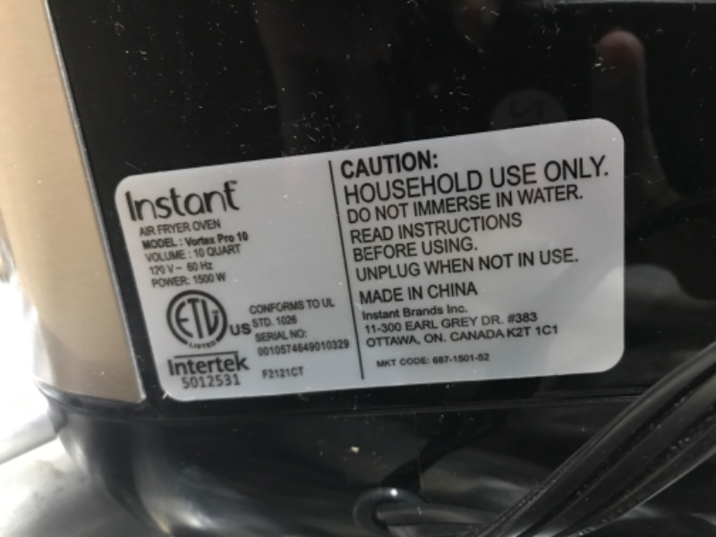 Photo 5 of **TESTED/ TURNS ON// TOP BROKEN** Instant Vortex Pro Air Fryer, 10 Quart, 9-in-1 Rotisserie and Convection Oven, From the Makers of Instant Pot with EvenCrisp Technology, App With Over 100 Recipes, 1500W, Stainless Steel 10QT Vortex Pro