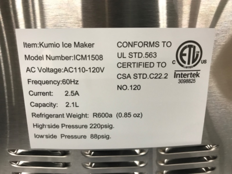 Photo 4 of **TESTED/ TURNS ON*** KUMIO Stainless Steel Ice Makers Countertop, 33 Lbs in 24 Hrs, 10 Bullet Ice Ready in 6-8 Mins, Automatic Self-Cleaning, 2 Sizes of Bullet Ice for Home Kitchen Office Bar Party
