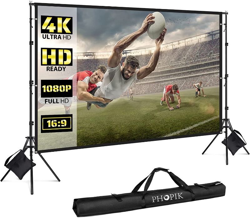 Photo 1 of PHOPIK Projector Screen with Stand: 120 inch Portable Indoor Outdoor Projector Screen Fordable & Wrinkle-Free Outdoor Movie Screen with Carry Bag for Home Theater Camping and Recreational Events
