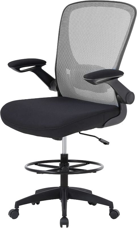 Photo 1 of BestOffice Drafting Chair Tall Office Chair with Adjustable Foot Ring and Flip-Up Arms Computer Standing Desk Chair Executive Rolling Swivel Chair for Office & Home,Grey
