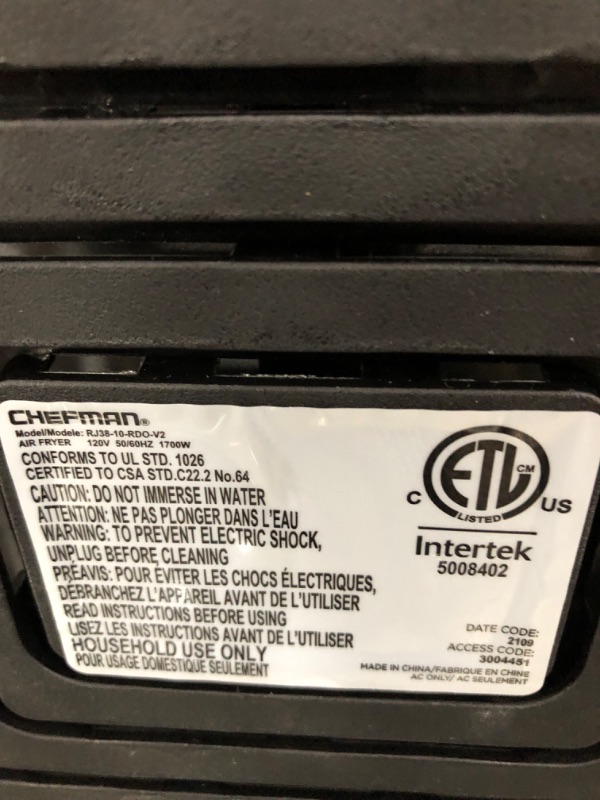 Photo 1 of "ITEM NOT FUNCTIONAL, FOR PARTS ONLY: CHEFMAN Multifunctional Digital Air Fryer+ Rotisserie, Dehydrator, Convection Oven, 17 Touch Screen Presets Fry, Roast, Dehydrate, Bake, XL 10L Family Size, Auto Shutoff, Large Easy-View Window, Black 10 QT Air Fryer