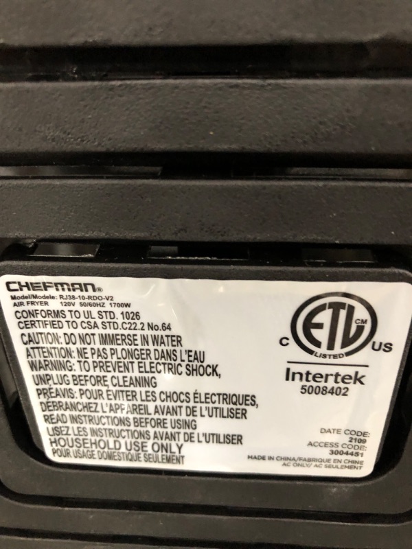 Photo 3 of "ITEM NOT FUNCTIONAL, FOR PARTS ONLY: CHEFMAN Multifunctional Digital Air Fryer+ Rotisserie, Dehydrator, Convection Oven, 17 Touch Screen Presets Fry, Roast, Dehydrate, Bake, XL 10L Family Size, Auto Shutoff, Large Easy-View Window, Black 10 QT Air Fryer