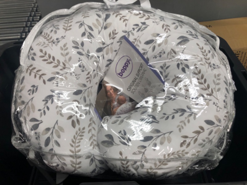 Photo 2 of Boppy Original Nursing Support, FKA Boppy Nursing Pillow, Gray Taupe Leaves, Ergonomic Breastfeeding, Bottle Feeding, and Bonding, Firm Hypoallergenic Fiber Fill, Removable Cover, Machine Washable
