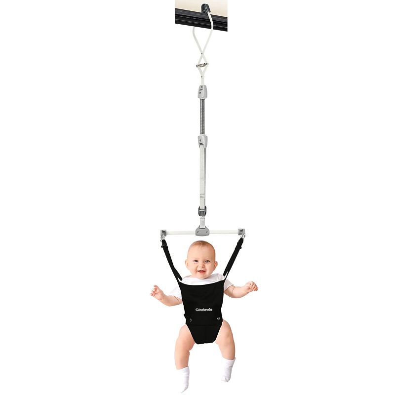 Photo 1 of cowiewie baby jumper , black Cowiewie 2 in 1 Baby Door Jumper w/Baby Walking Harness Function, Baby Jumper with Door Clamp Adjustable Strap and Seat, Fits 80" - 87" high Door Frame
