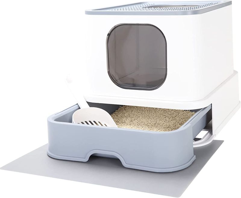 Photo 1 of  Large Foldable Cat Litter Box,Top Entry Cat Litter Box with Lid,Anti-Splshing Cat Kitty Litter Pan Easy Cleaning and Scoop (Upgrade,White)