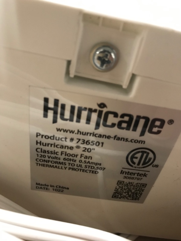 Photo 2 of **USED**NEEDS A VERY SMALL FUSE**Hurricane Box Fan - 20 Inch, Classic Series, Floor Fan with 3 Energy Efficient Speed Settings