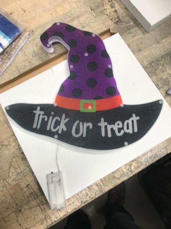 Photo 2 of Alladinbox 15'' Prelit Halloween Decorations Window Silhouette Holiday Displays - Trick or Treat on Witch Hat - Hanging/Tabletop Light Up Halloween Ornament (2AA not Included)