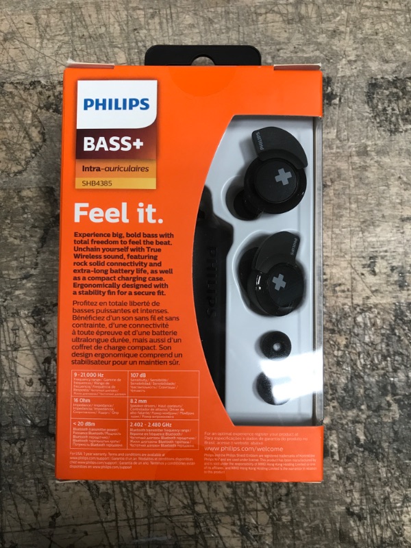 Photo 3 of PHILIPS BASS+ Wireless Bluetooth Headphones - Stereo - Wireless - Bluetooth - 32.8 ft - 16 Ohm - 9 Hz - 21 kHz - Earbud - Binaural - Black