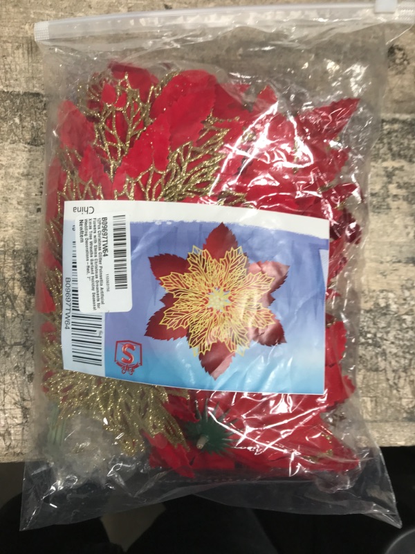 Photo 2 of 12Pcs Christmas Glitter Poinsettia Artificial Flowers with Stems Christmas Ornaments for Xmas Tree Wreaths Garland Holiday Seasonal Wedding Decorations-Red, 7"