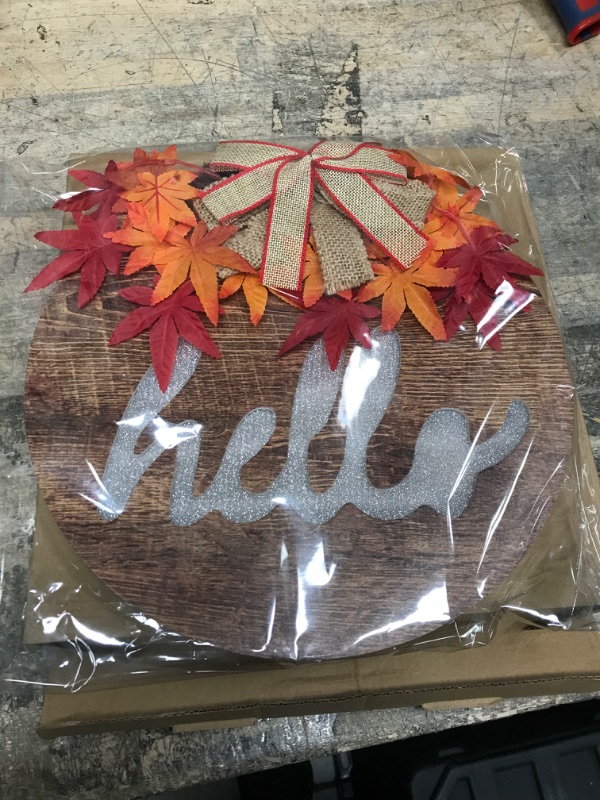 Photo 2 of [ Lighted & Timer ] Thanksgiving Fall Wreath for Front Door Decor Hello Sign Maple Leaves Battery Operated Wooden Hanging Sign Autumn Harvest Thanksgiving Indoor Outdoor Wall Home Decorations