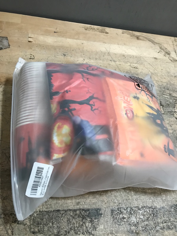 Photo 1 of 185 Pcs Halloween Party Supplies Tableware Set Includes Halloween Plates Cups Napkins Tablecloths Banner and Halloween Disposable Tableware Set for Kids Home & School,Serves 24 (Orange)